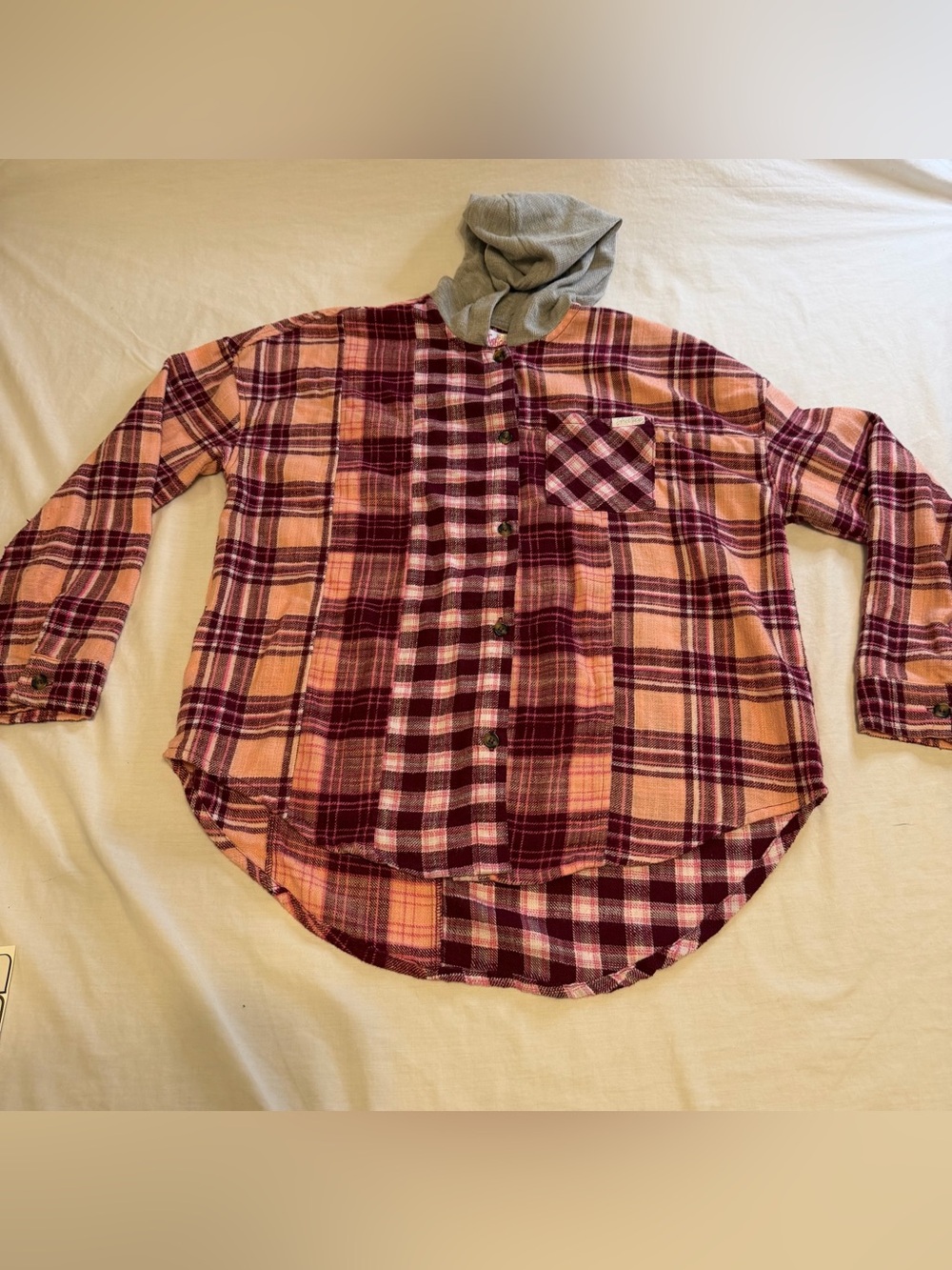 Justice Girls Plaid Button-Down Shirt with Hood - Burgundy & Pink Size XL 16/18